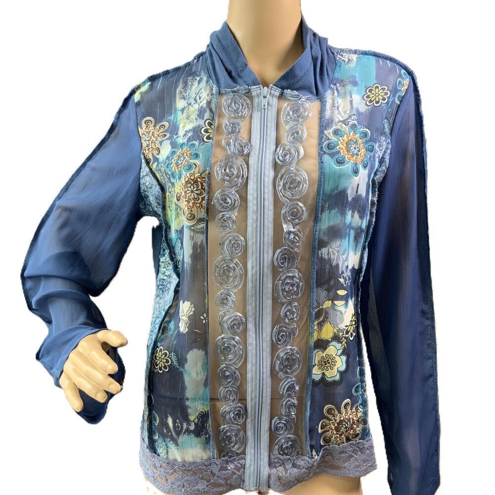 Serenade New York Blue Floral Sheer Zip-up Fairycore Art Aesthetic Jacket Large